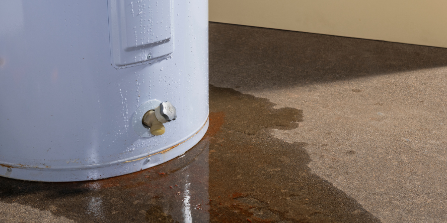 A domestic water heater leaking with signs of rust and iron in the water